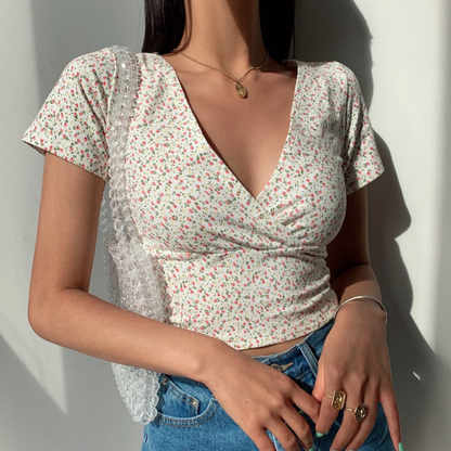 Floral V-neck Crop Top Tee